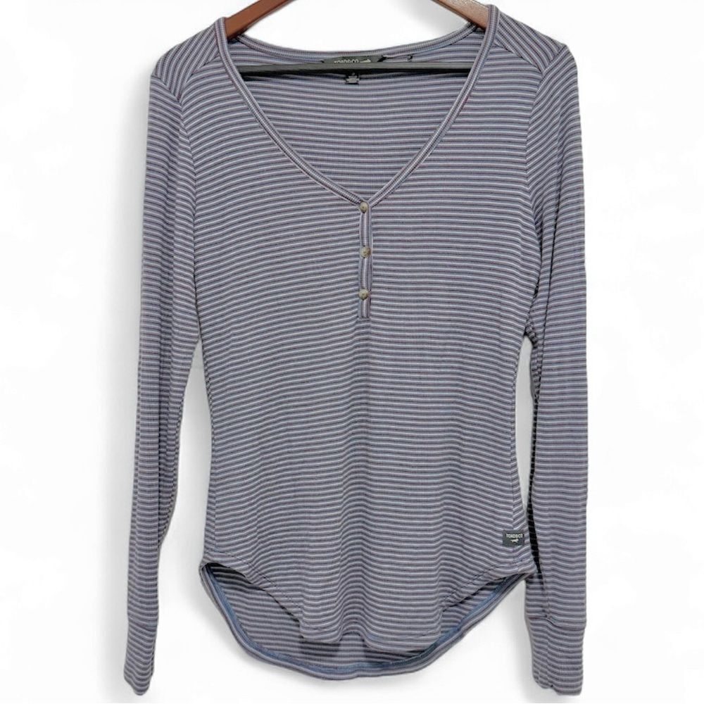 Toad & Co Rib Henley Top Micro Modal Buttery Soft Blue Maroon White Stripe Small